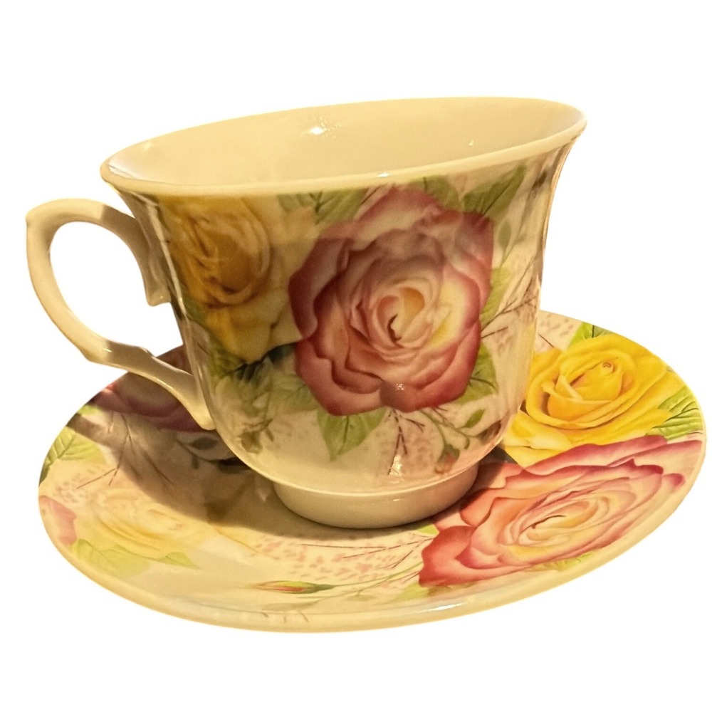 Floral Rose Teacup and Saucer Set Multicolor Excellent Shabby Chic